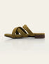 Crosvia olive green flats with crossover padded straps and gold buckle – Essence by Rubina